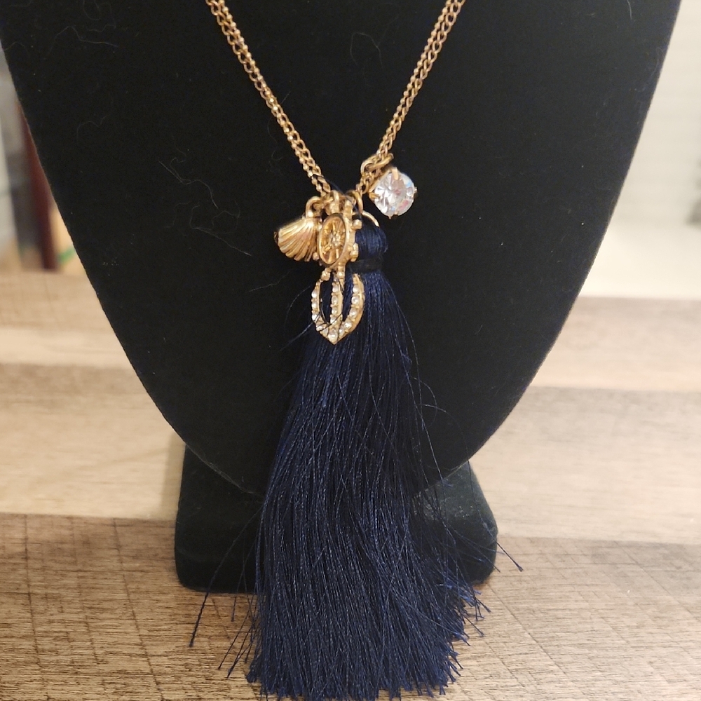 Gold Chain Necklace with Navy Blue Tassel and Crystal Charm